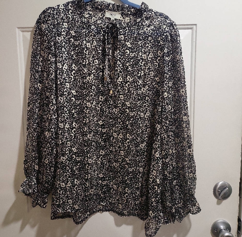 Black and White Shear Ruffled Blouse with Tie Front
